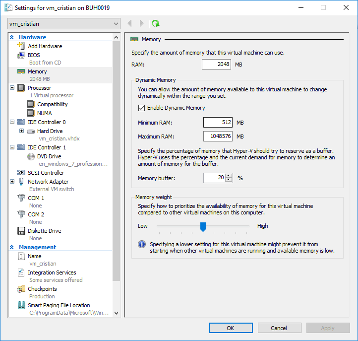 Hyper-V VM settings